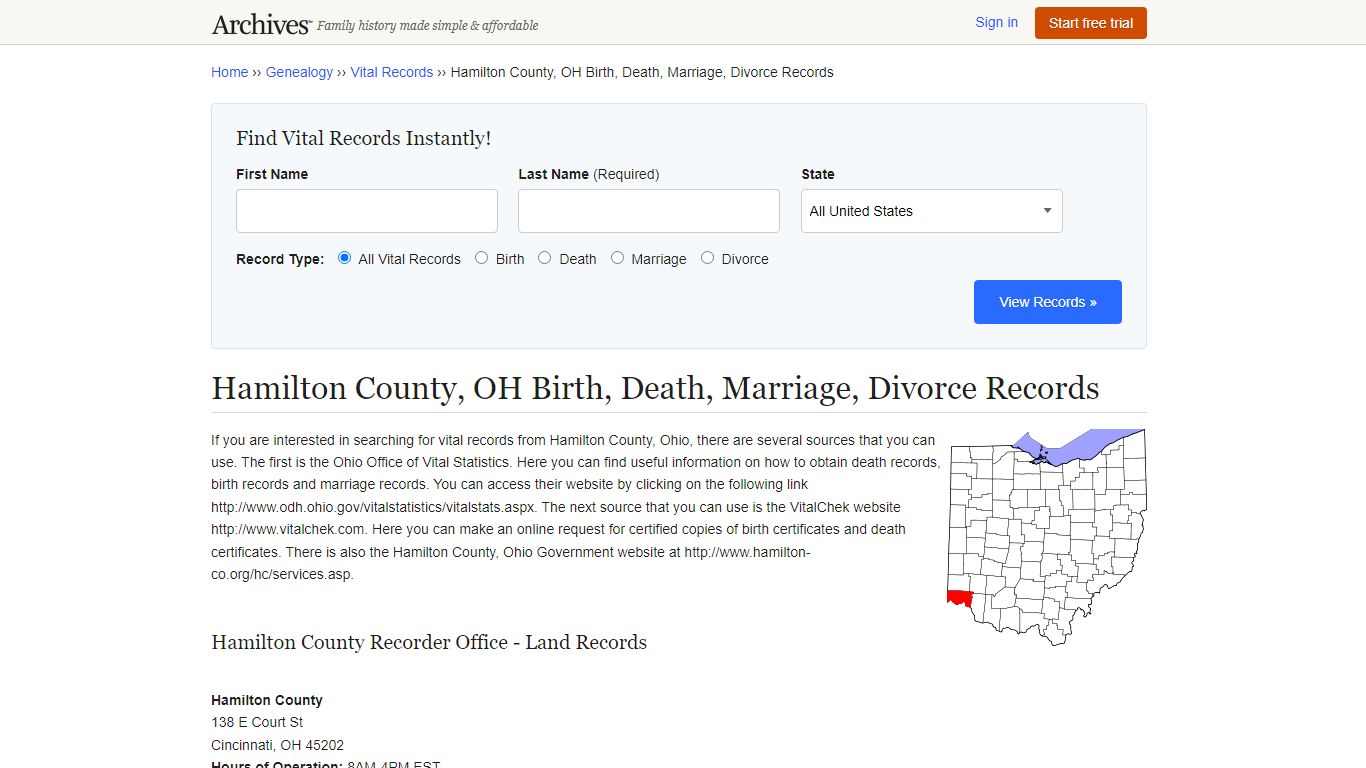 Hamilton County, OH Birth, Death, Marriage, Divorce Records